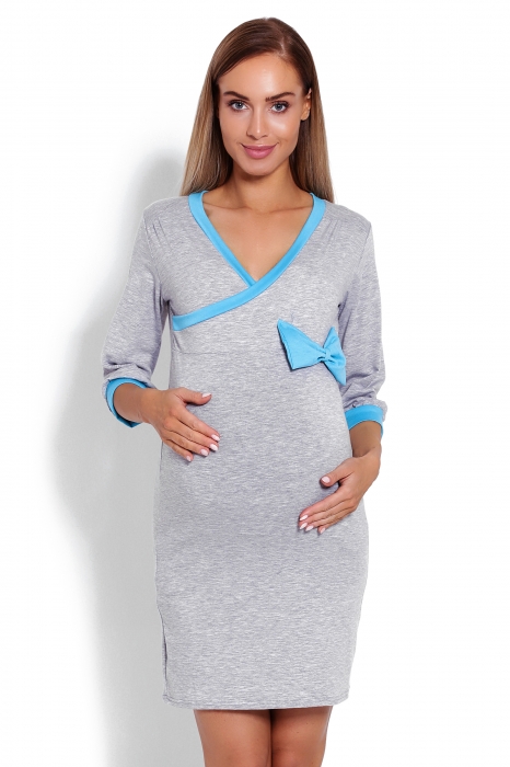 Be MaaMaa Pohodlná tehotenská, dojčiaca nočná košeľa s mašľou - šedá
